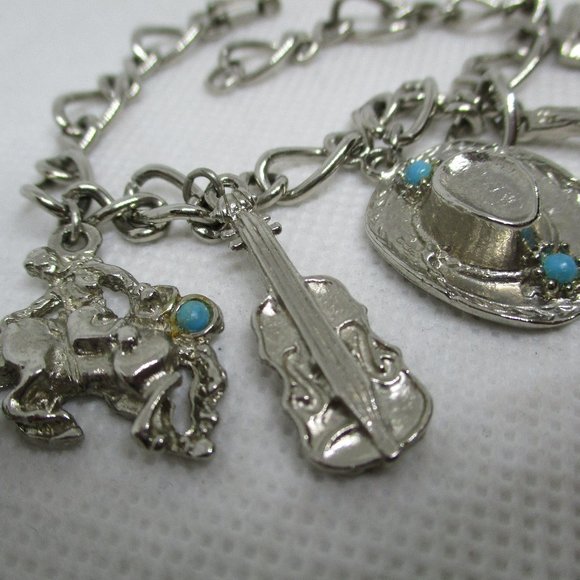 WESTERN CHARM BRACELETS Southwestern Silver Tone Charm Bracelet Turquoise Caboch - Picture 5 of 12